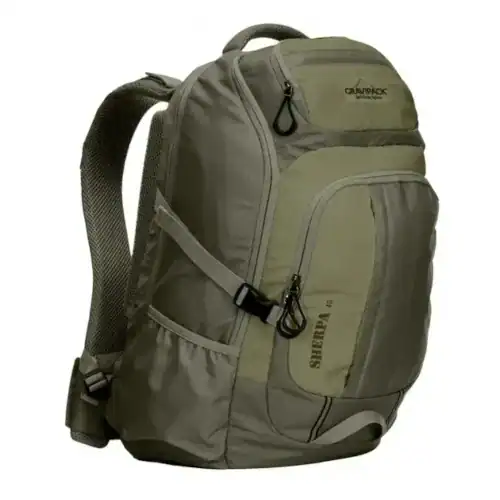 Sac à dos voyage confortable GRAVIPACK posé avec compartiments et système de portage visibles