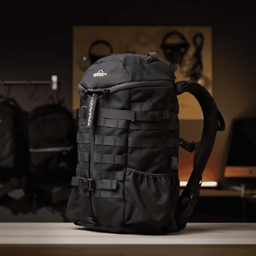 Sac à dos épaules sensibles GRAVIPACK posé avec compartiments et système de portage visibles