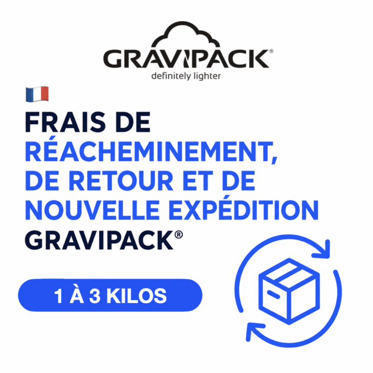 Règlement des frais de retour, de réacheminement et de nouvelle expédition de votre colis Gravipack d’un poids compris entre 1 et 3 kg.