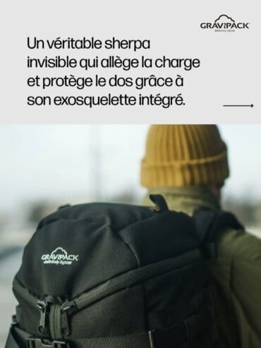Sac à dos prévention TMS GRAVIPACK posé avec compartiments et système de portage visibles