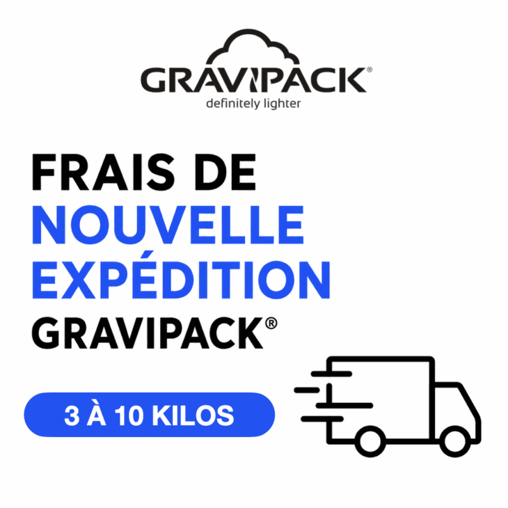 Règlement des frais de retour, de réacheminement et de nouvelle expédition de votre colis Gravipack d’un poids compris entre 3 et 10 kg.