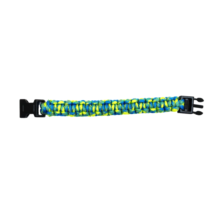 Bracelet de survie en paracorde tressée bleu et jaune avec boucle à clip