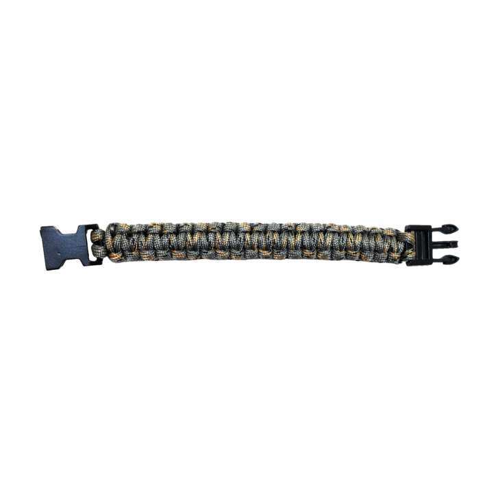 Bracelet de survie en paracorde tressée kaki et or avec boucle à clip