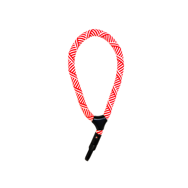 Dragonnes en corde Rope rouge et blanche à rayures avec mousqueton pivotant pour accrocher les accessoires au sac à dos exosquelette Gravipack.