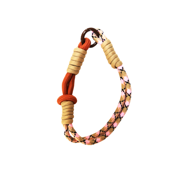 Dragonne en corde d’escalade beige rose orange avec nœuds décoratifs et anneau Knot Gravipack