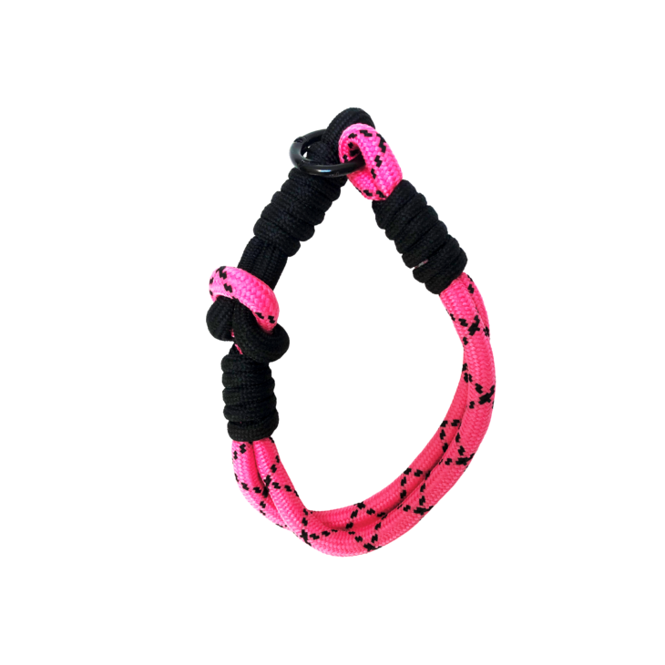 Dragonne en corde d’escalade rose fuchsia noir avec nœuds décoratifs et anneau Knot Gravipack