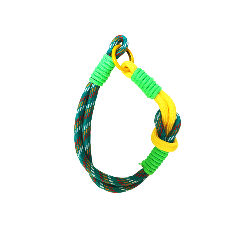 Dragonne en corde d’escalade vert jaune avec nœuds décoratifs et anneau Knot Gravipack