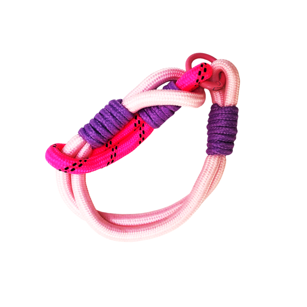 Porte-clés en corde nouée rose et violet avec anneau rond Happy