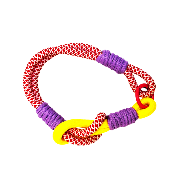 Porte-clés premium en corde nouée rouge et jaune avec anneau rond Happy