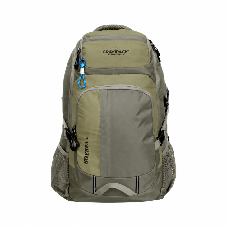 Vue de face d’un sac à dos Gravipack Sherpa 12 kaki et gris sur fond blanc.