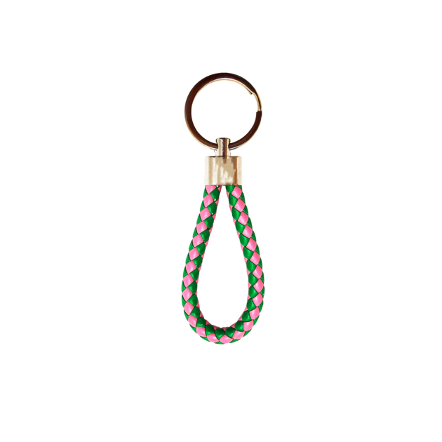 Porte-clés en simili cuir tressé rose et vert avec anneau pour sac