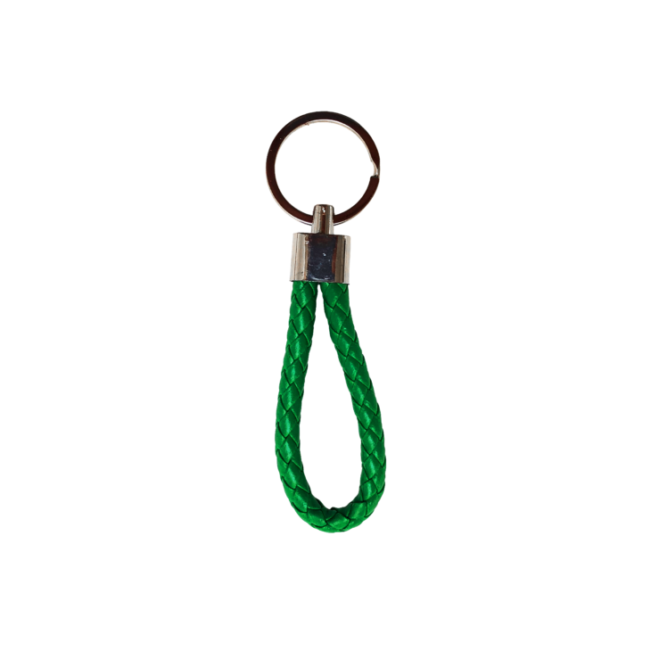 Porte-clés en simili cuir tressé vert émeraude avec anneau pour sac